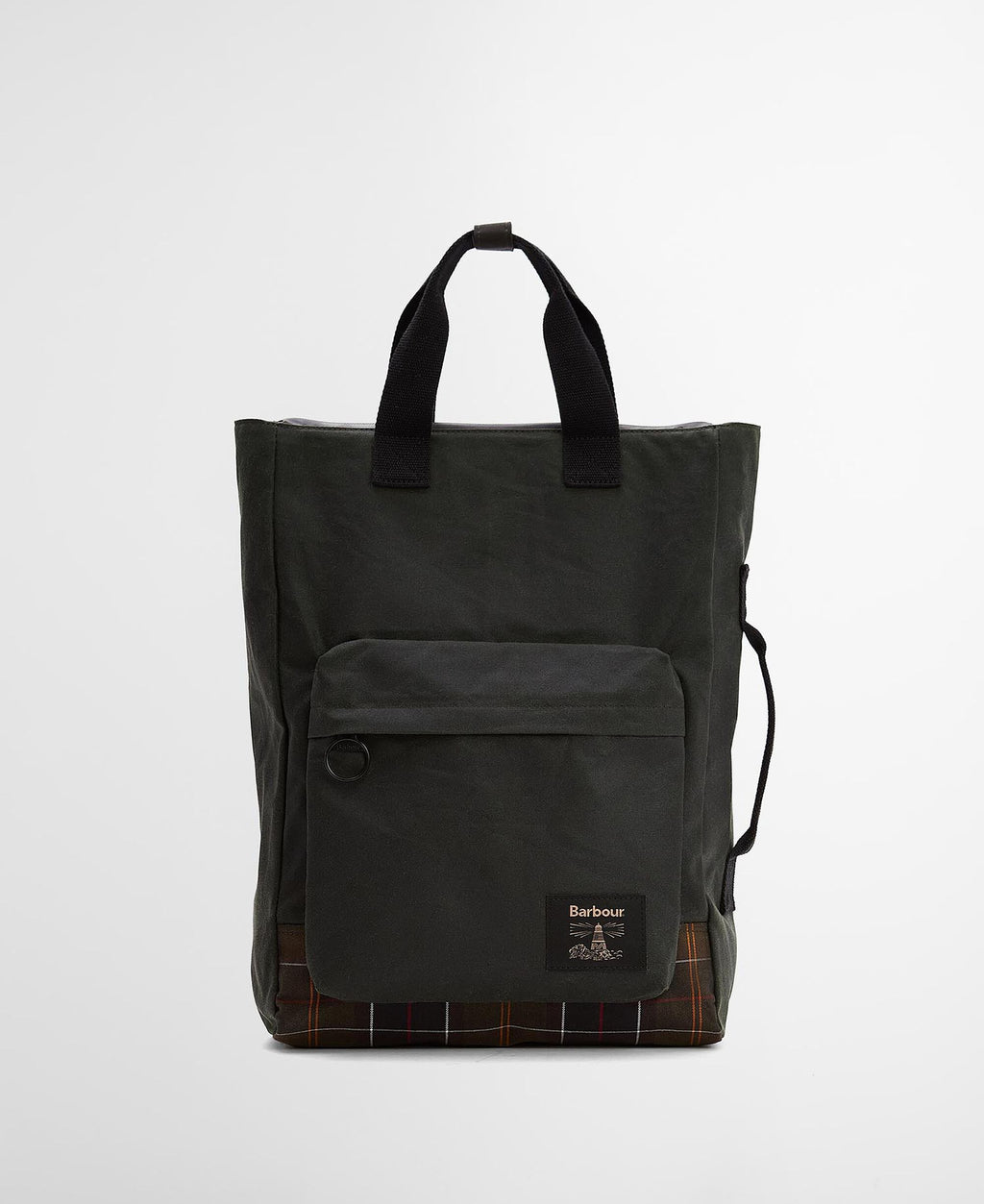 Dark green waxed backpack with front pocket, tartan base, and top handles