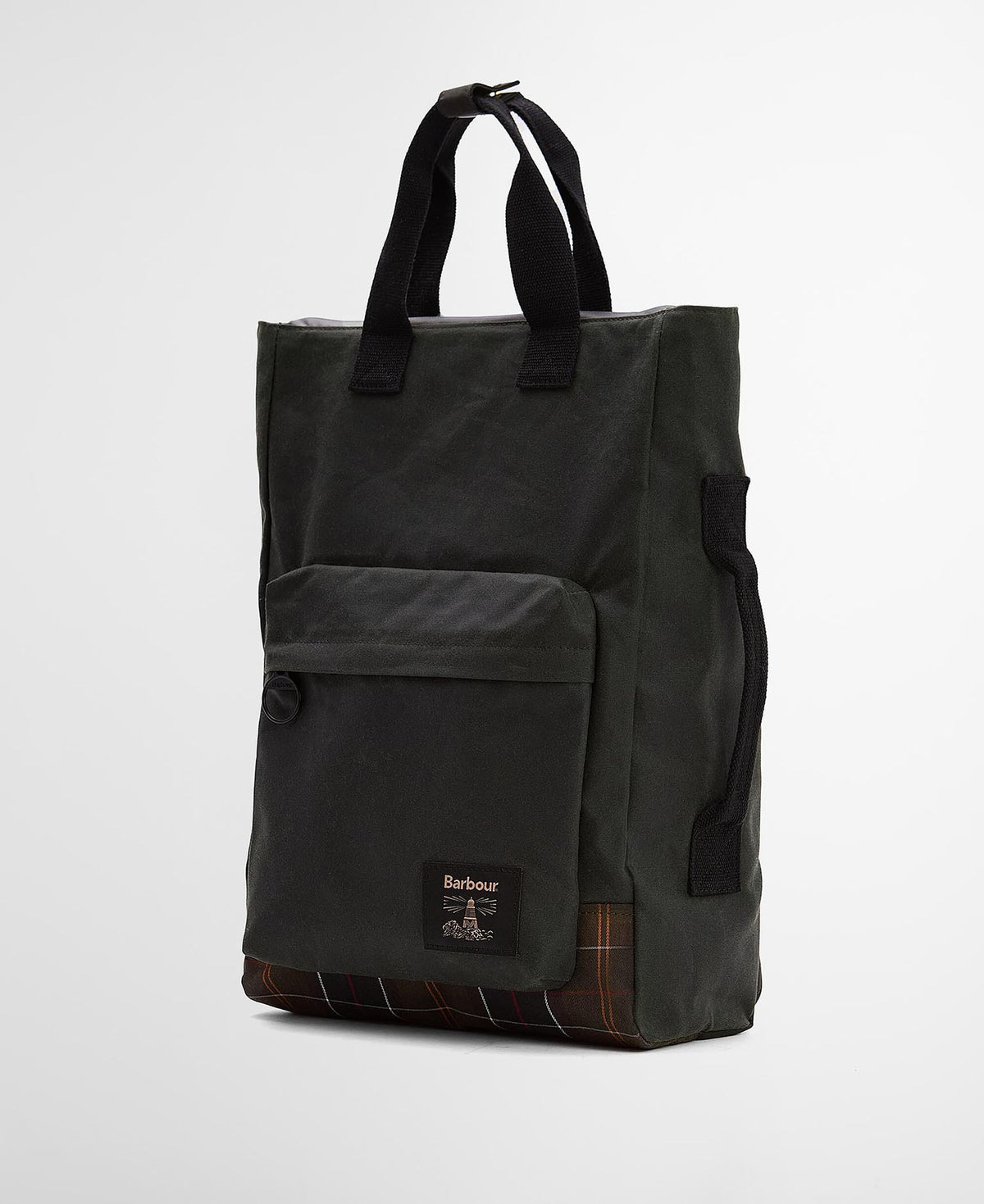 Three-quarter view of a dark green backpack with tartan base and side strap
