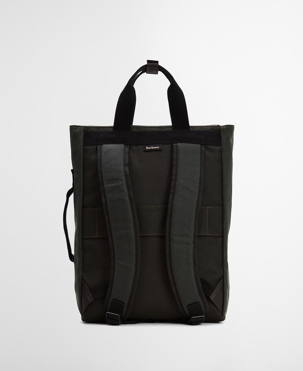 Back of dark green backpack with two padded shoulder straps and top handle