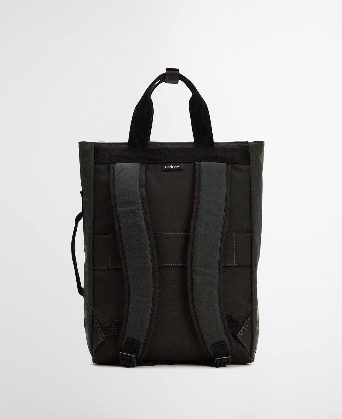 Back of dark green backpack with two padded shoulder straps and top handle