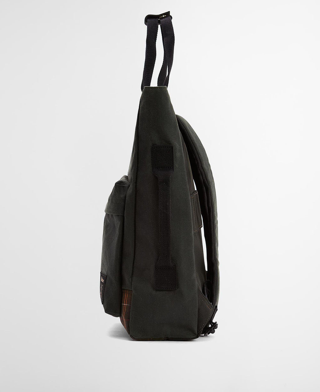 Side profile of dark green backpack with padded shoulder strap and tartan base