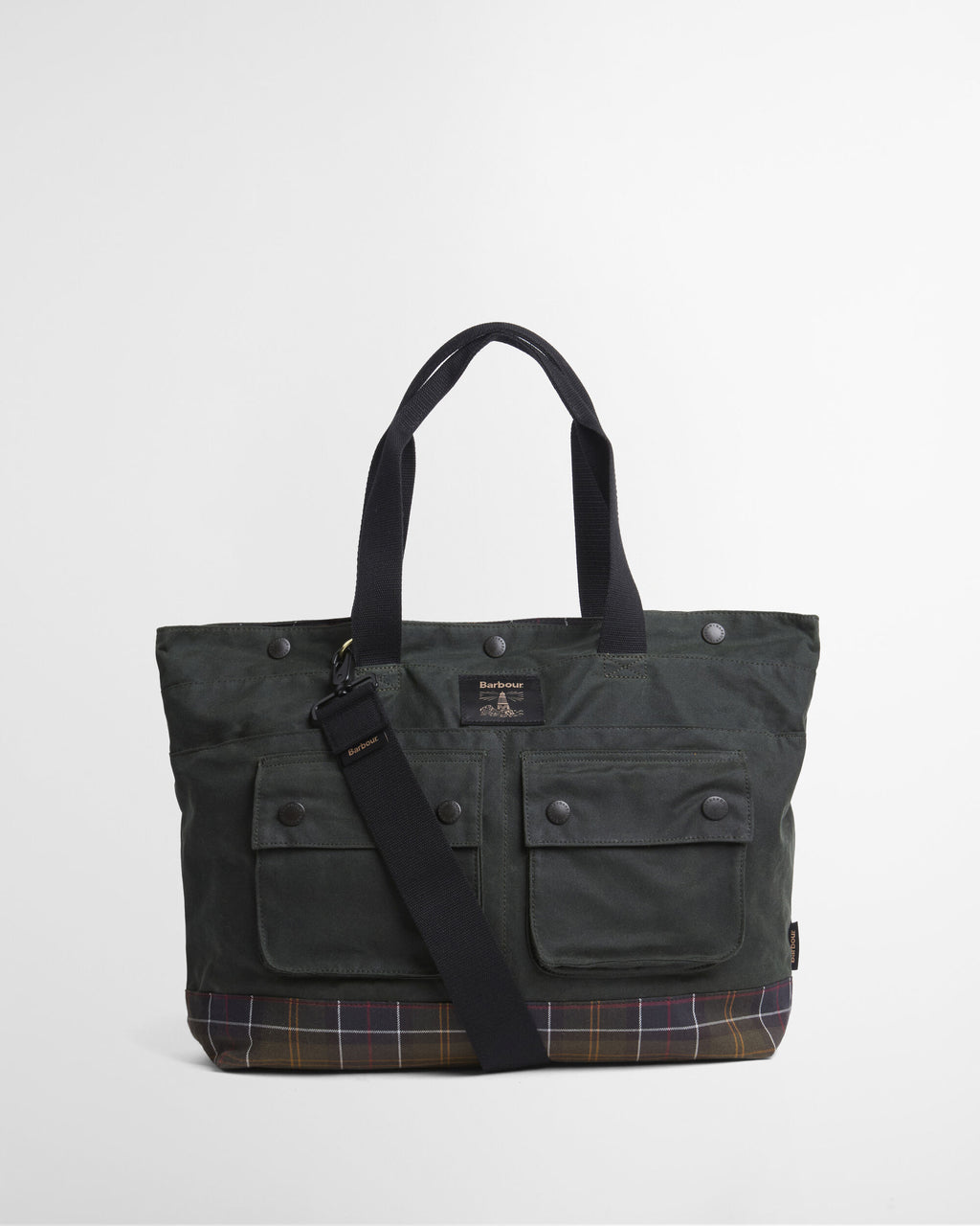 Barbour Field Wax Tote Bag in Sage/Classic, front view