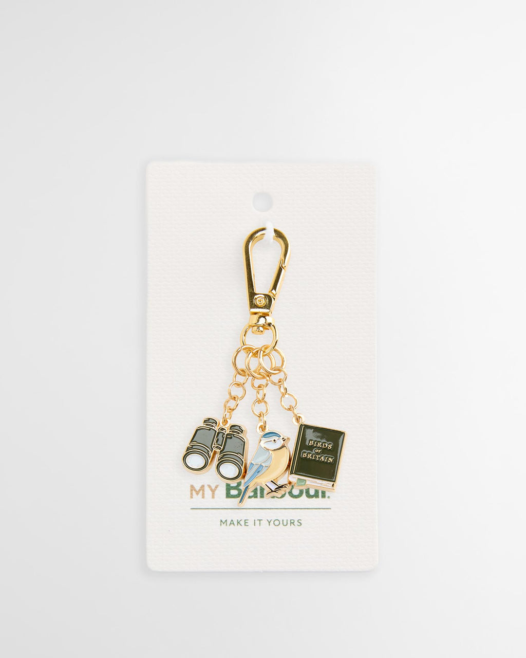 Gold key fob with bird and camera charms