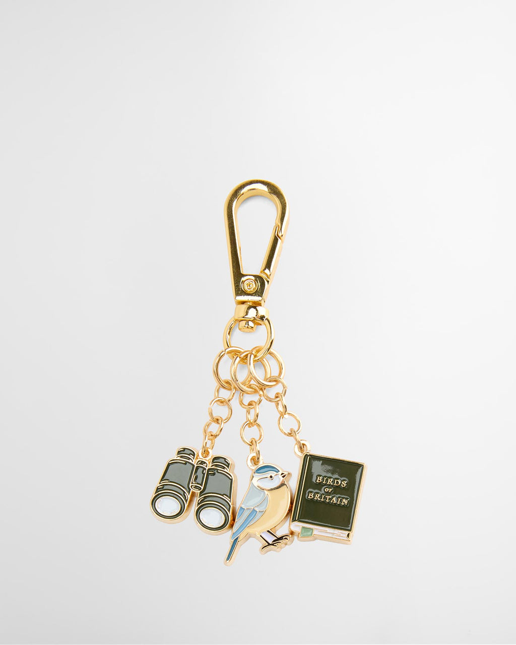 Gold key fob with binocular, bird, and photo-book charms