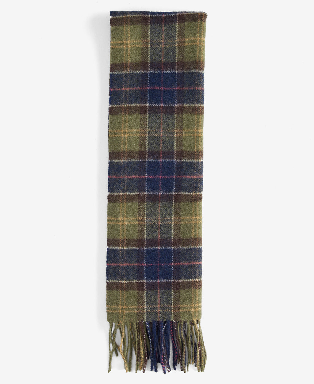 Tartan lambswool scarf, flat view, green and navy check pattern with long fringes