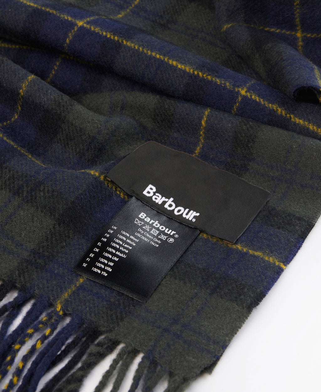 Barbour label on tartan lambswool scarf, dark olive and navy plaid, fringed