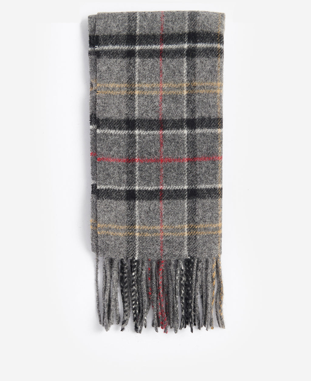 Grey tartan scarf with fringe trim and multicolor grid pattern