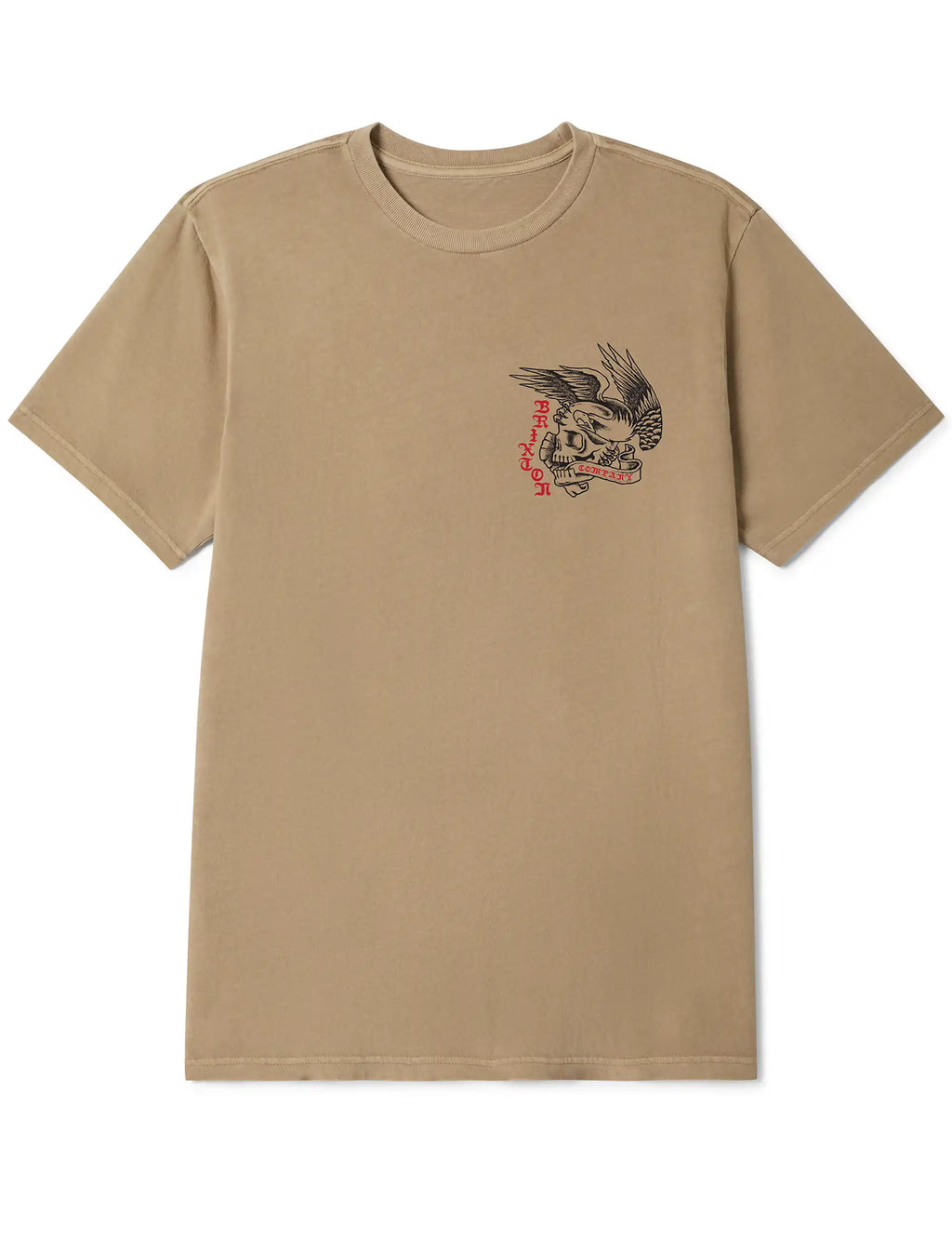 Taupe worn-wash T-shirt with small front bird graphic