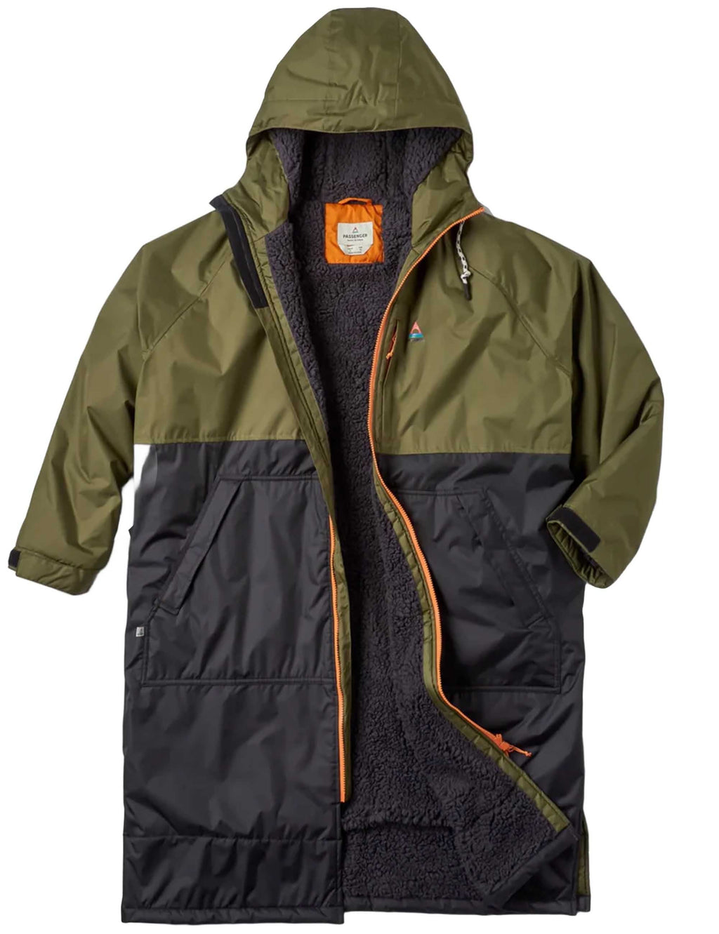 Two-tone green and black jacket with a brand logo on a white background