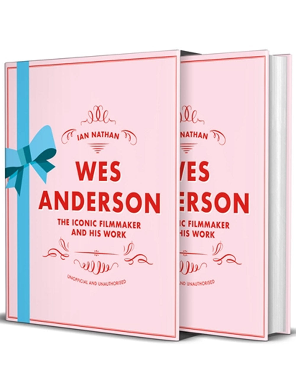 Set of two Wes Anderson books, pink covers and matching blue ribbon detail