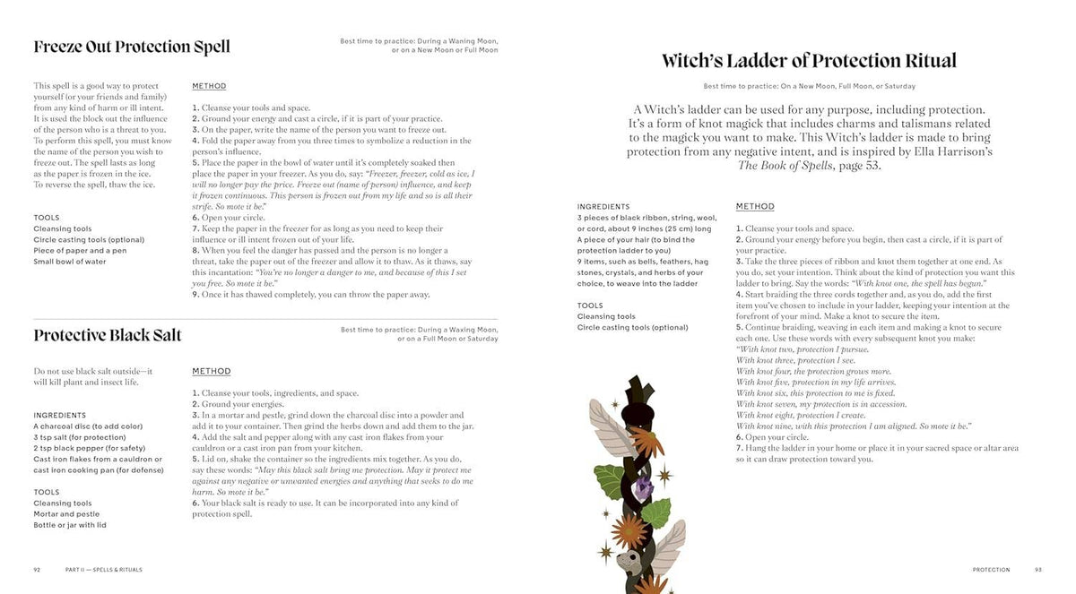 Spell book open spread with witch ladder illustration beside text pages