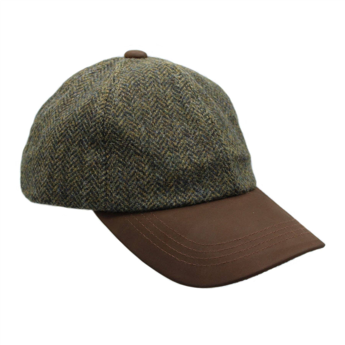 Sutton tweed baseball cap with green patterned crown and brown curved brim