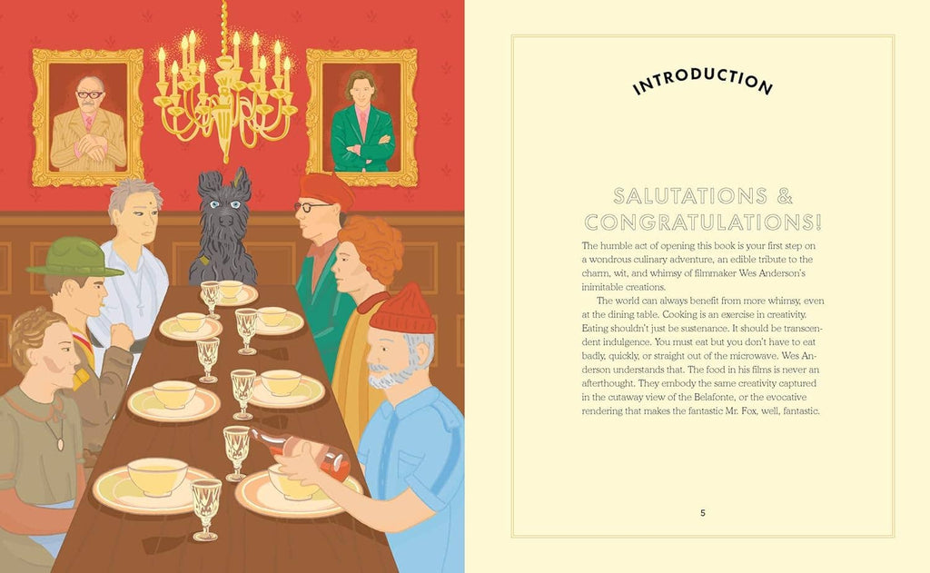 Cookbook spread with dining table illustration and 'Introduction' text page