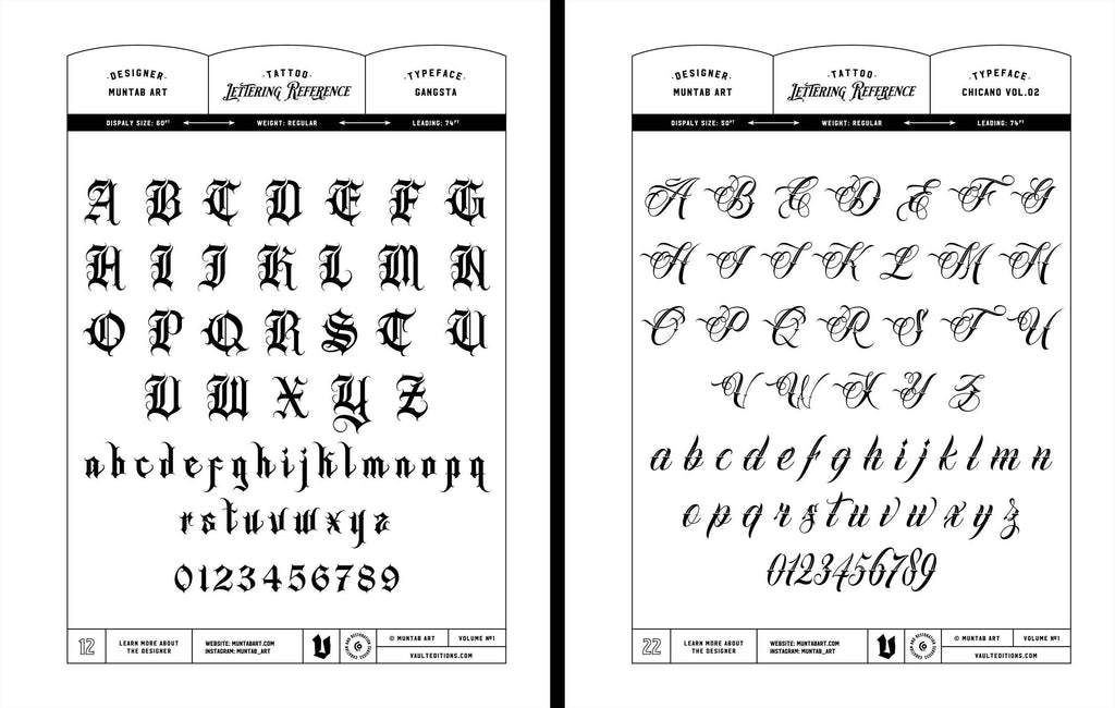 Tattoo lettering reference book pages with ornate gothic alphabet and numerals