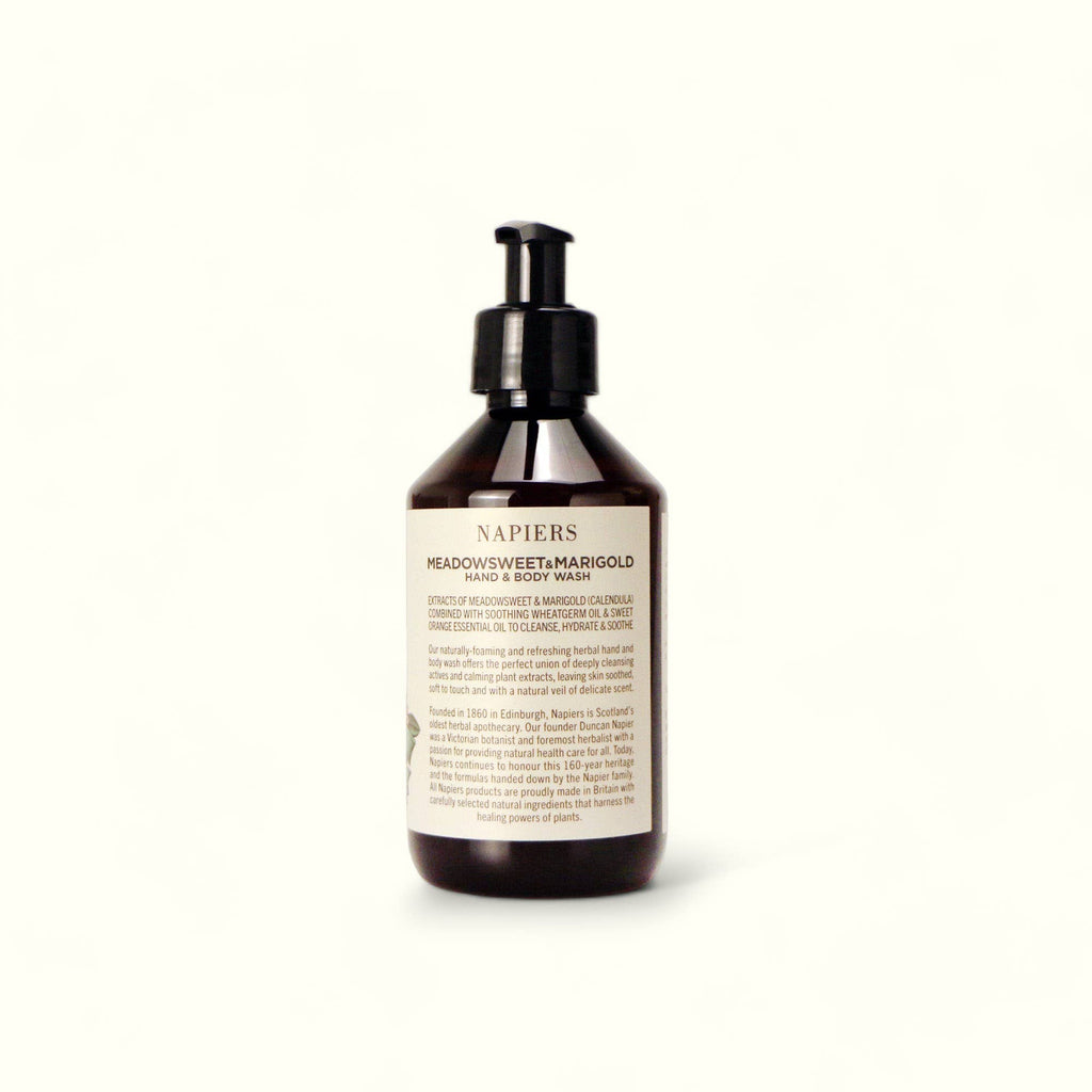 Hand and body wash bottle with black pump, dark amber; back label text visible