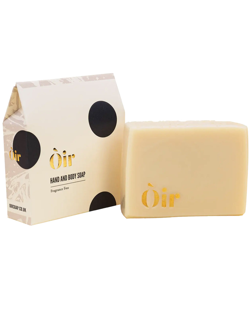 Light cream fragrance-free soap bar beside Öir hand and body soap box