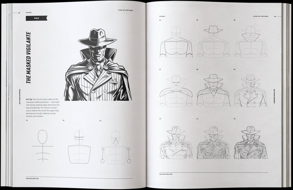 Open superhero drawing book page with masked vigilante figure and hat clothing sketches