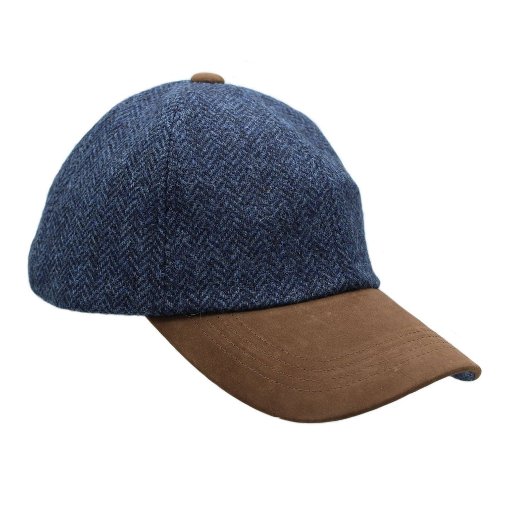 Sutton tweed baseball cap with blue patterned crown and brown curved brim