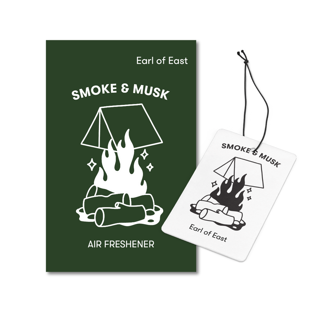 Earl of East air freshener card, Smoke & Musk, with green box