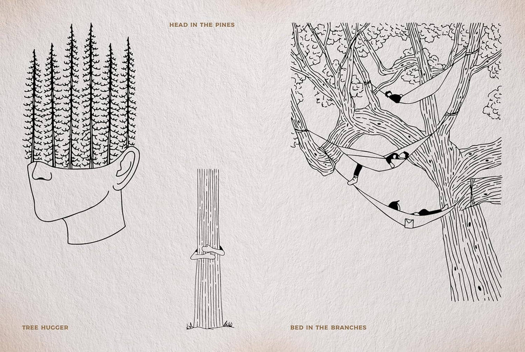 Forest tattoo line art: pines in the hat, tree hugger, and bed in branches