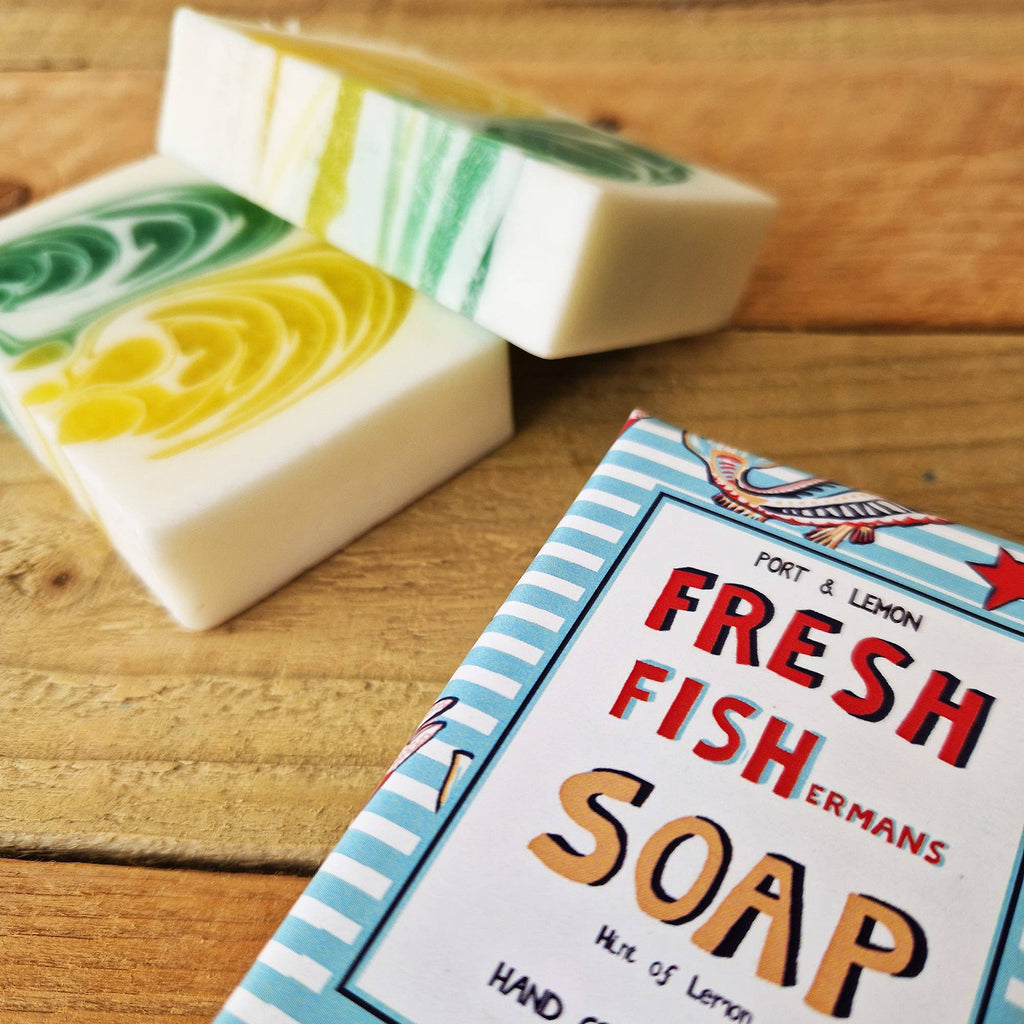 Bar soap with yellow and green swirl, with blue striped Fresh Fish Soap box