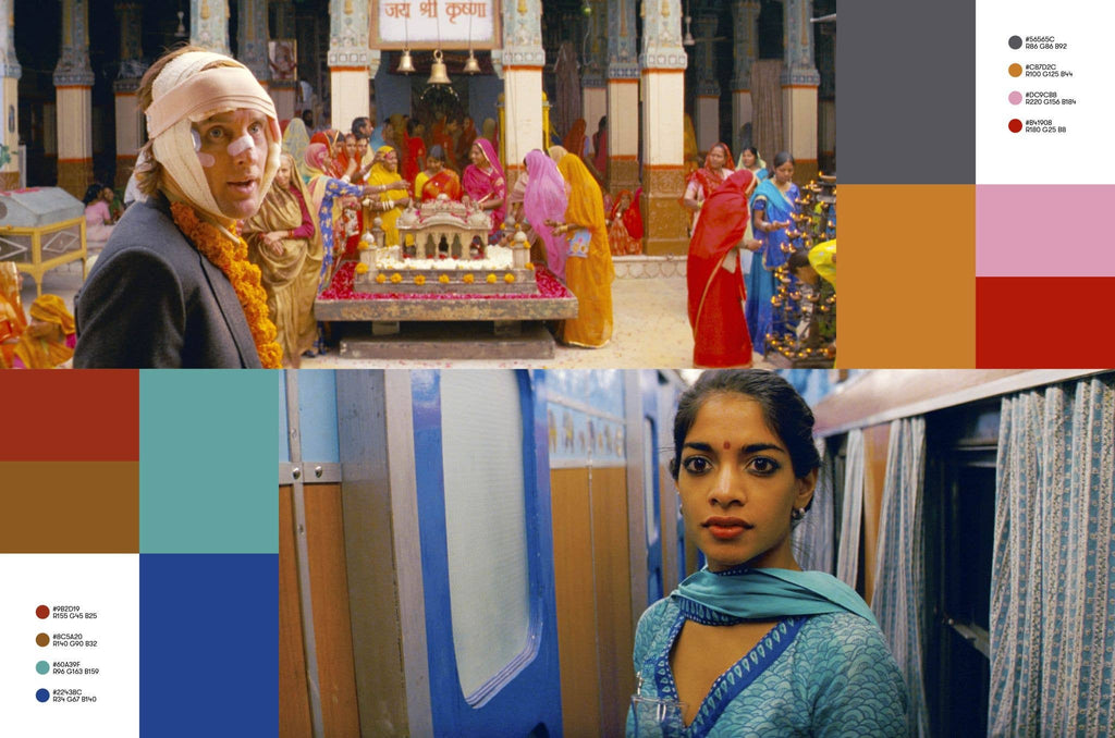 Book spread with film stills and color swatch panels