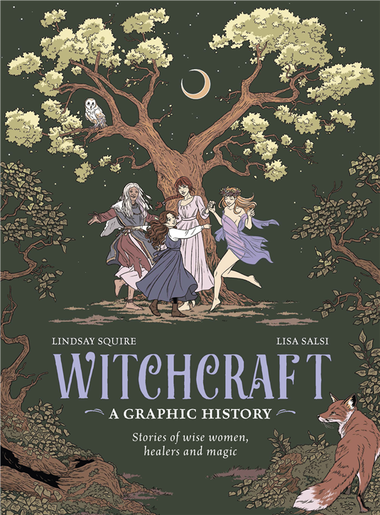 Illustrated witchcraft graphic history book cover with women under a tree