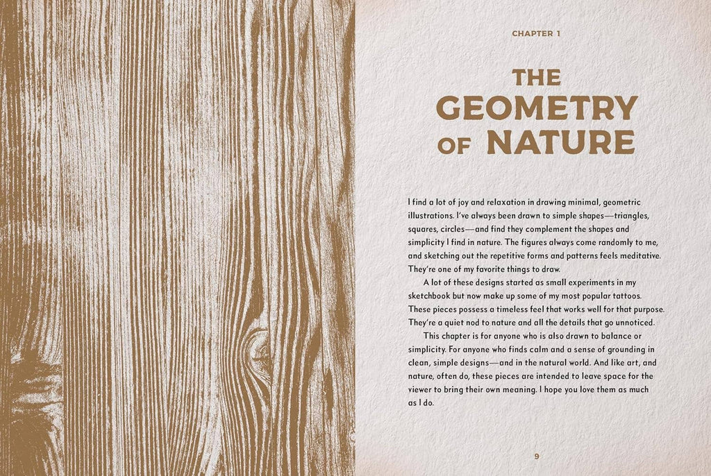 Nature tattoo book page spread with “THE GEOMETRY OF NATURE” heading and paragraph text