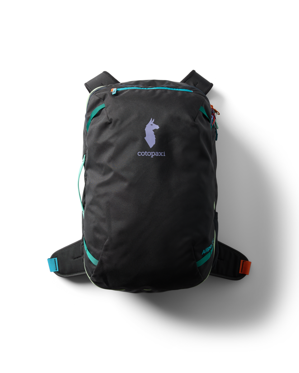Cotopaxi Allpa 35L Travel Pack in Del Dia Dark, rear view showing shoulder straps and hip belt
