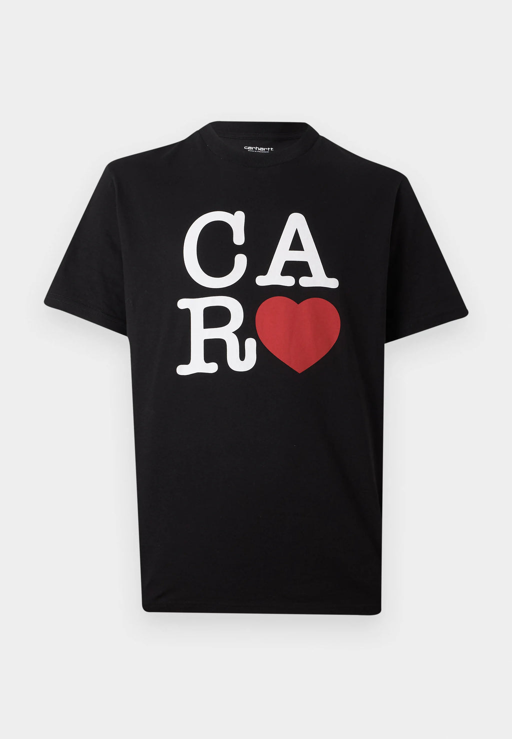Black crew-neck T-shirt with CA R heart graphic, short sleeves