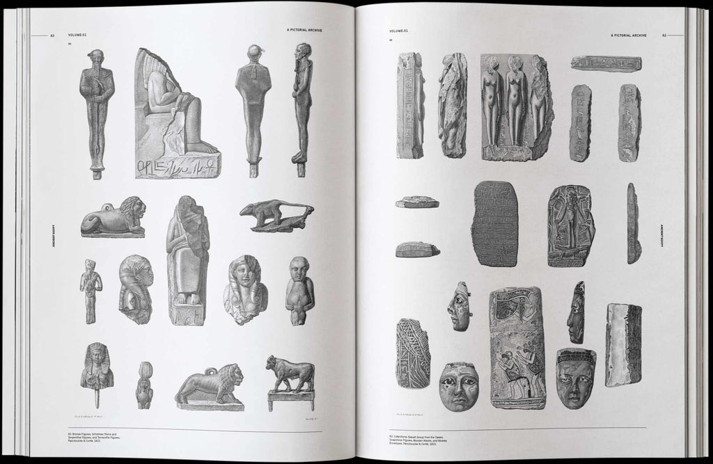 Open Ancient Egypt book pages with black-and-white artifact and statue profile drawings