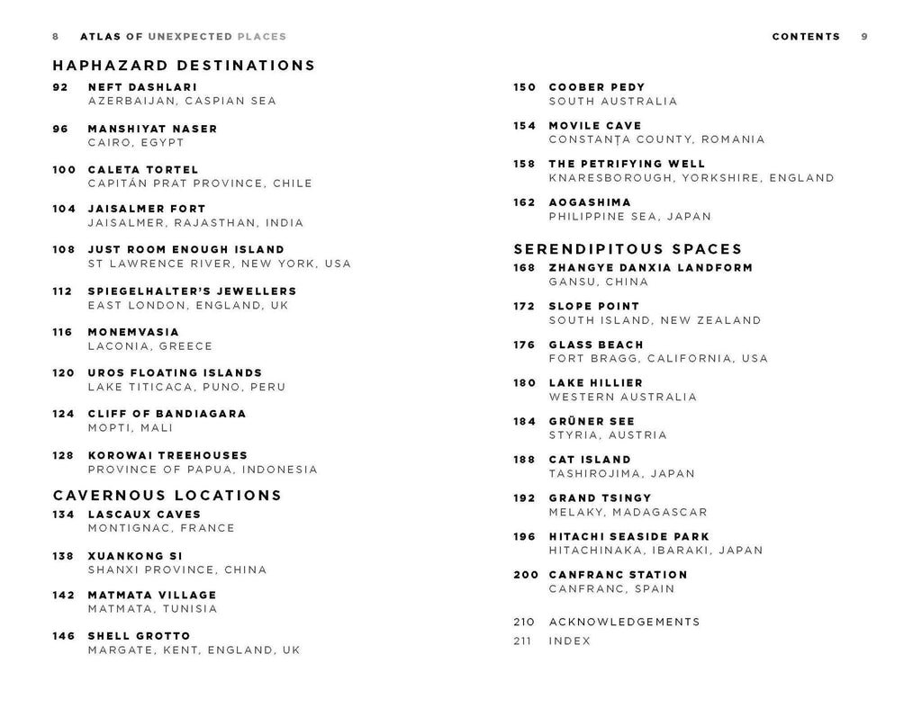 Atlas book contents page with headings and page numbers