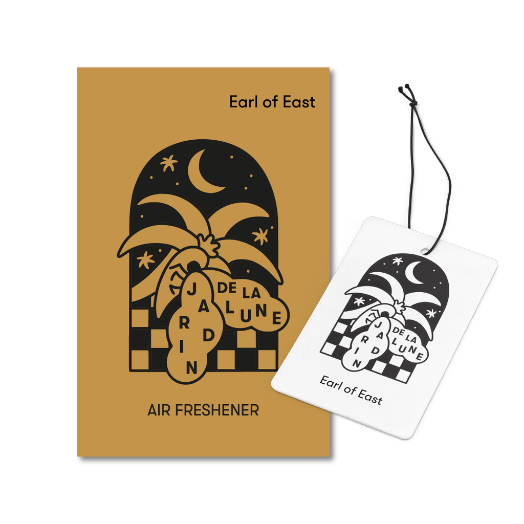 Air freshener card with moon-and-house illustration for Jardin de la Lune
