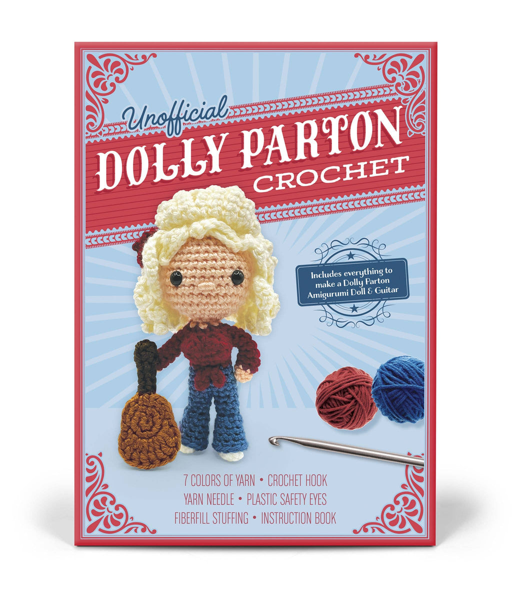 Unofficial Dolly Parton crochet kit package with crocheted doll figure and yarn ball