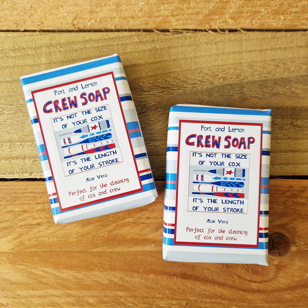Handcrafted soap bars with blue-and-red Port and Lemon label wrap