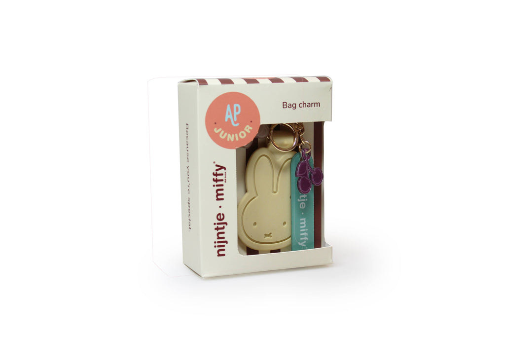 Miffy bag charm set in AP Junior retail box, featuring rabbit face and hanging tags