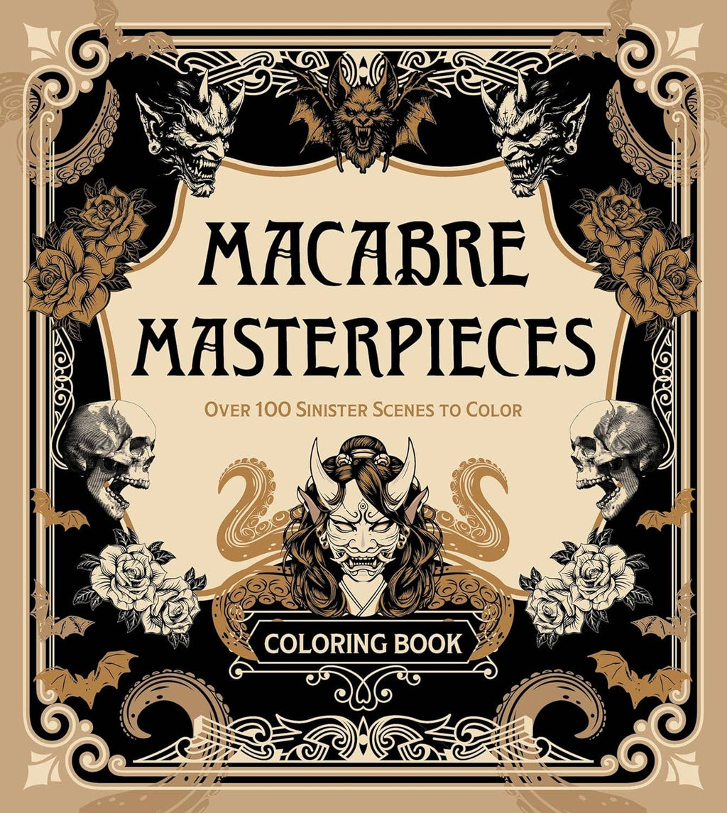 Coloring book cover with ornate skulls and banner text