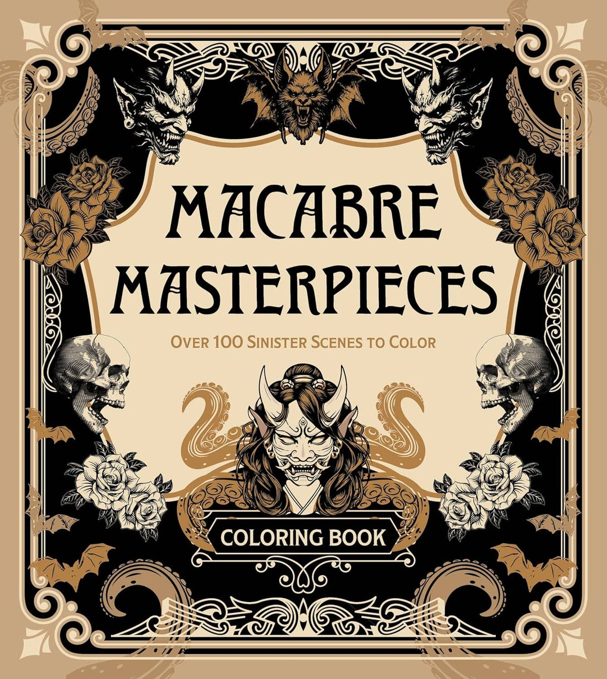 Coloring book cover with ornate skulls and banner text