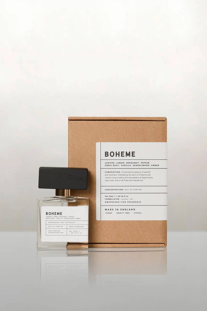 Unisex EDP perfume bottle and kraft cardboard box, black cap with 50 ml label
