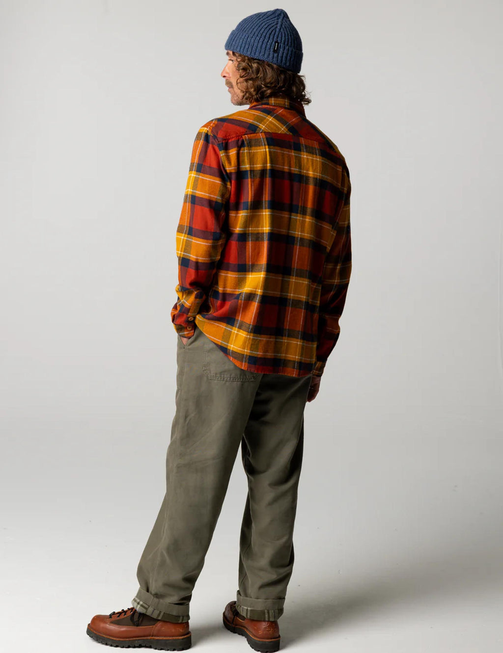 Finisterre Beardsmore Shirt in Terracotta Check, worn view