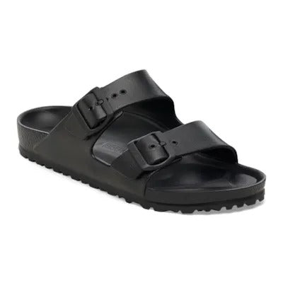 Black EVA slide sandals with two adjustable buckle straps and textured outsole
