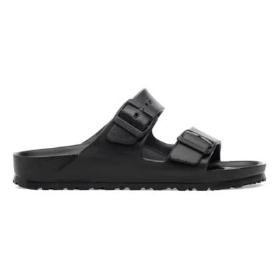 Black EVA slide sandals, side profile with two buckles and cushioned tread sole