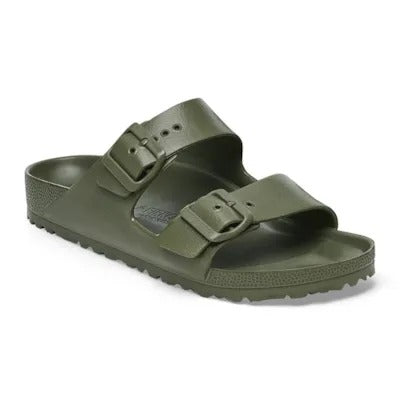 Khaki EVA slide sandals with two adjustable buckles and textured tread sole