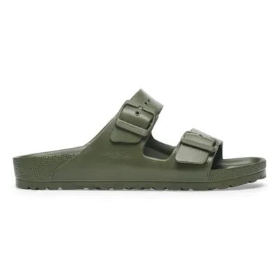 Khaki EVA slide sandals with two buckled straps and low-profile footbed