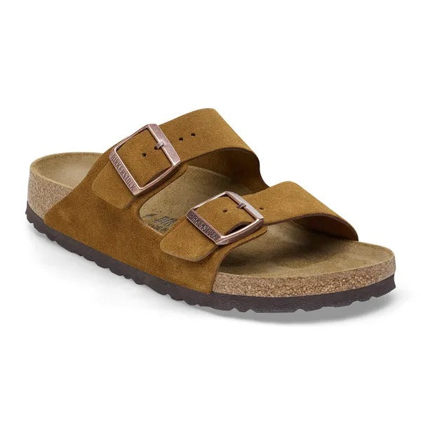 Birkenstock Arizona sandal in Mink suede, three-quarter view showing twin straps and copper buckles