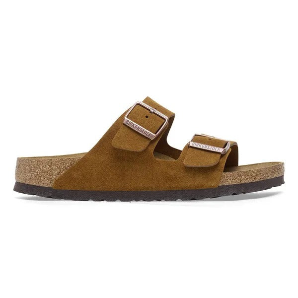 Birkenstock Arizona sandal in Mink suede, side profile showing cork footbed and EVA sole