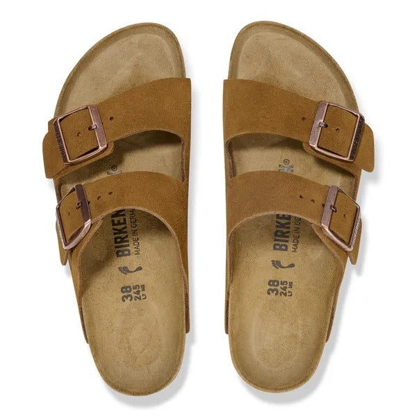 Birkenstock Arizona sandal in Mink suede, top-down view of both sandals showing contoured footbed