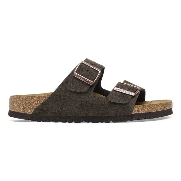 Birkenstock Arizona sandal in Mocca suede, side profile showing cork footbed and EVA sole