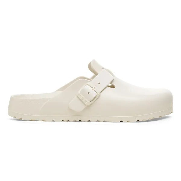 Birkenstock Boston EVA clog in Eggshell, side profile showing contoured footbed and sole