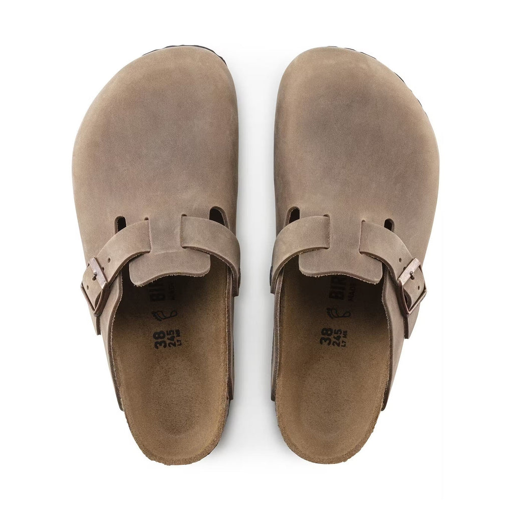 Birkenstock Boston clog in Tobacco Brown, top-down view of both shoes showing footbed